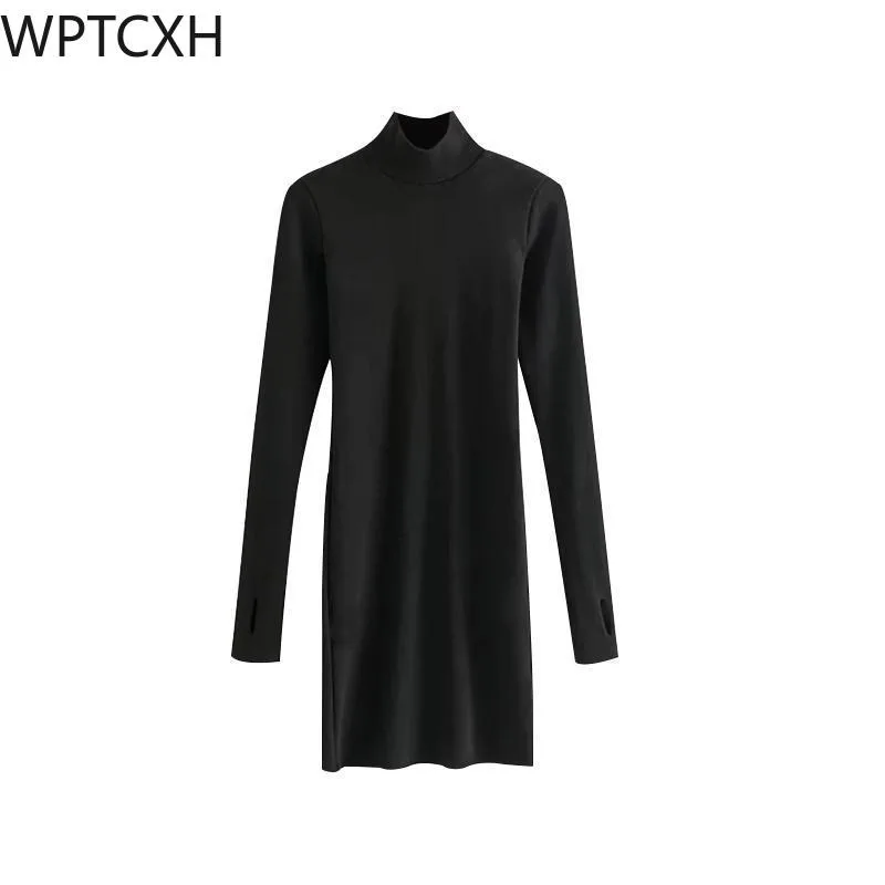 

2024 Pure Wind High Neck Sexy Skinny Long Sleeve Bag Hip Dress Female Spring and Autumn Thread Elastic Inside Short Skirt