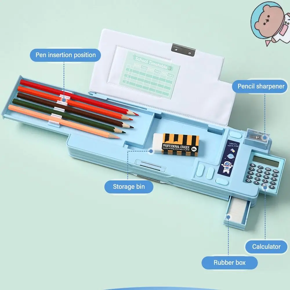 Pencil Cases Stationery Box Double Layer Pencil Case Astronaut Animal Design Pencil Sharpener Box Plastic With Calculator