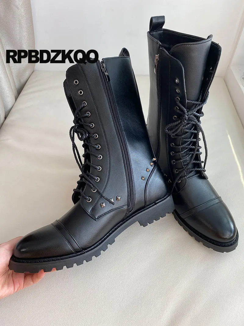 

Motorcycle Metalic Mid Calf Men Winter Rock Shoes Black Stud Vintage Boots Faux Fur Punk Tall Designer Fashion Lace Up Rivet