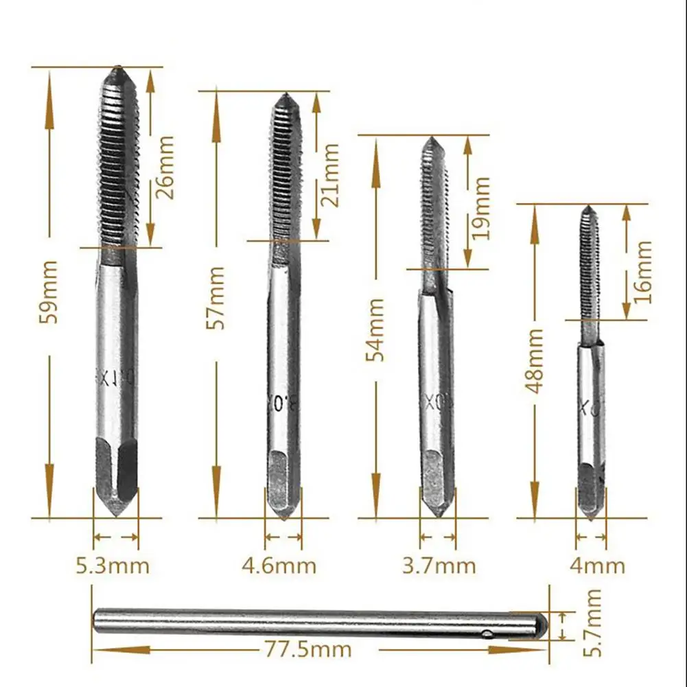 Description Picture 6 of item9pcs Hand Tap Set M2 Twist Drill Bits T-Handle Wrench hread Reamer M3-M6 Taps For Wood Soft Metal Aluminum Hand Tools wholesale