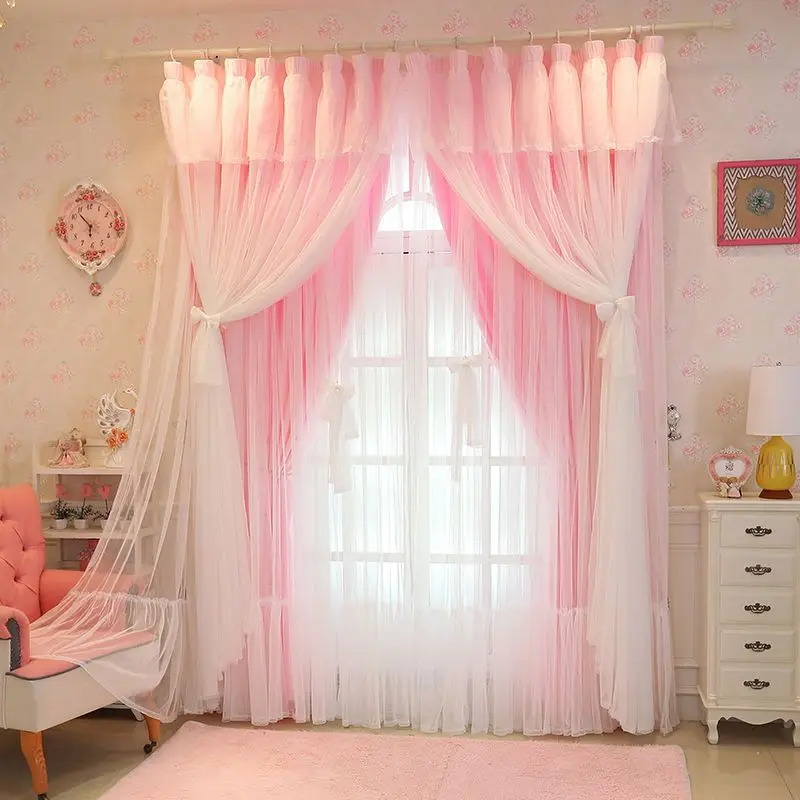 Simple Modern Solid Color Double-layer Curtain for Living Room Princess Style Semi Shade Curtain for Bedroom 2