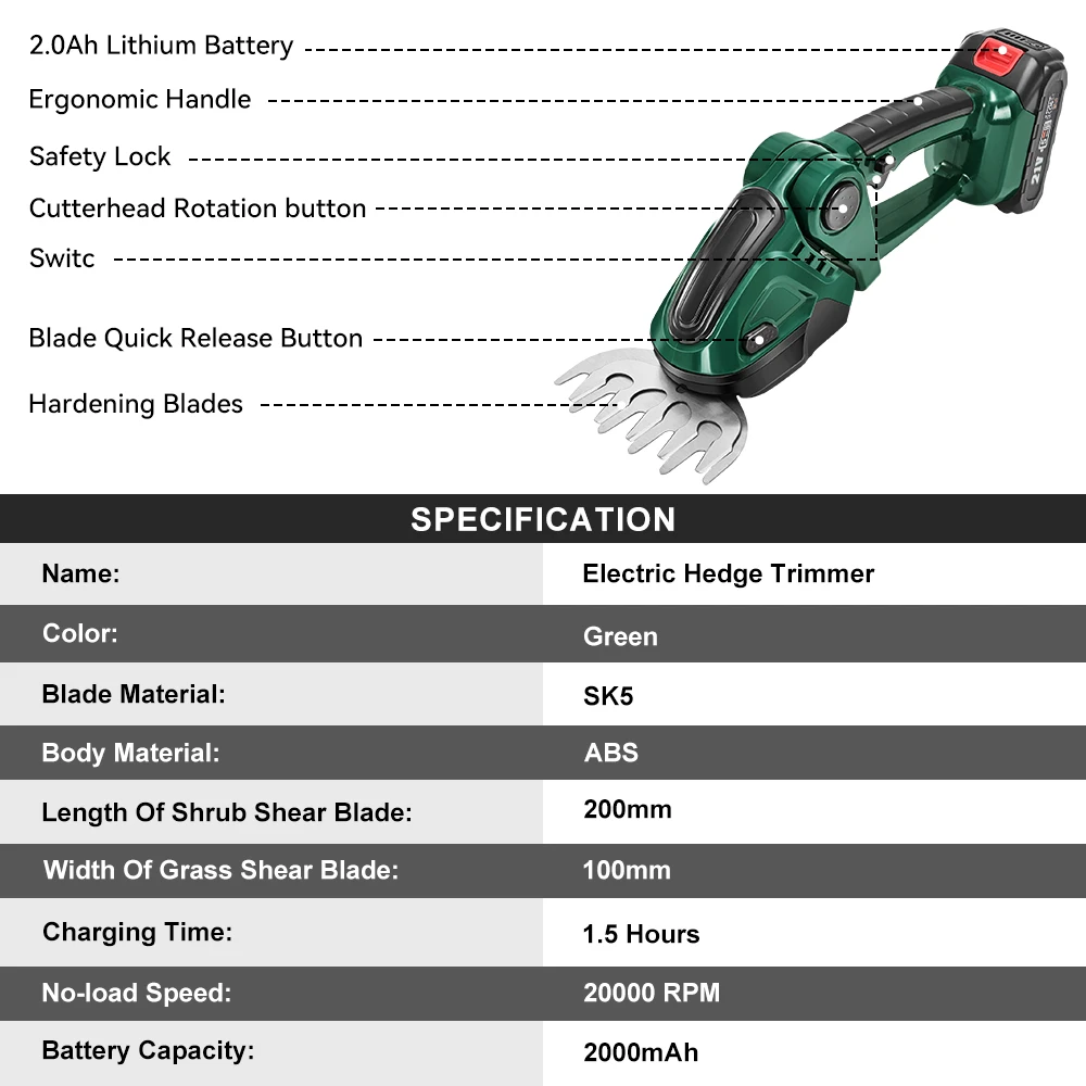 2 in 1 Electric Hedge Trimmer 20000rpm Shrub / Hedge Pruner 4
