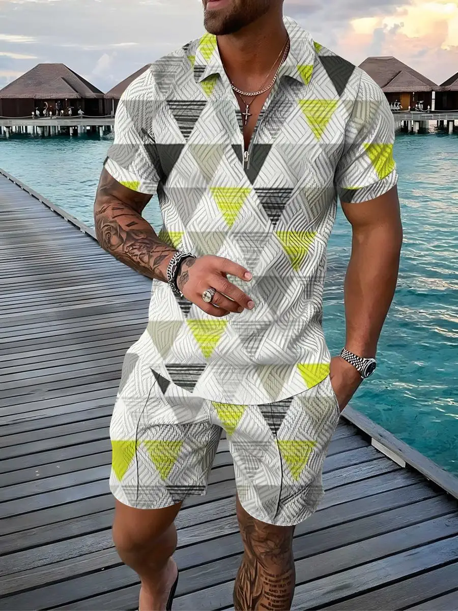 

2022 Summer Men's New Sports Suit Casual Color Contrast POLO Zip-up Lapel Shirt 3D Printed Men's Short Sleeves + Shorts S-5XL