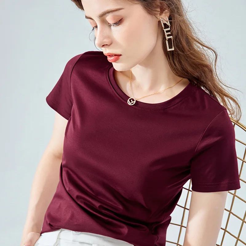 mrmt-2024-brand-new-women's-double-sided-mercerized-cotton-short-sleeve-t-shirt-refreshing-breathable-round-neck-solid-color