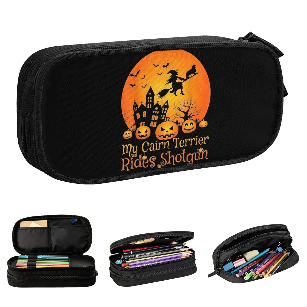 

Cairn Terrier Rides Witch Pumpkin Halloween Pencil Cases Creative Pen Box Bags Girl Boy Large Office Cosmetic Pencil Pouch