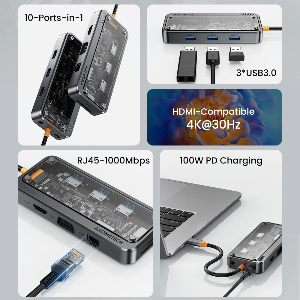 Estação de Ancoragem Usb c Hub 10 em tipo c para Hub Compatível com Hdmi Adaptador Usb 3.0 pd 100w para Macbook pc Laptop Tablet - Imagem 2