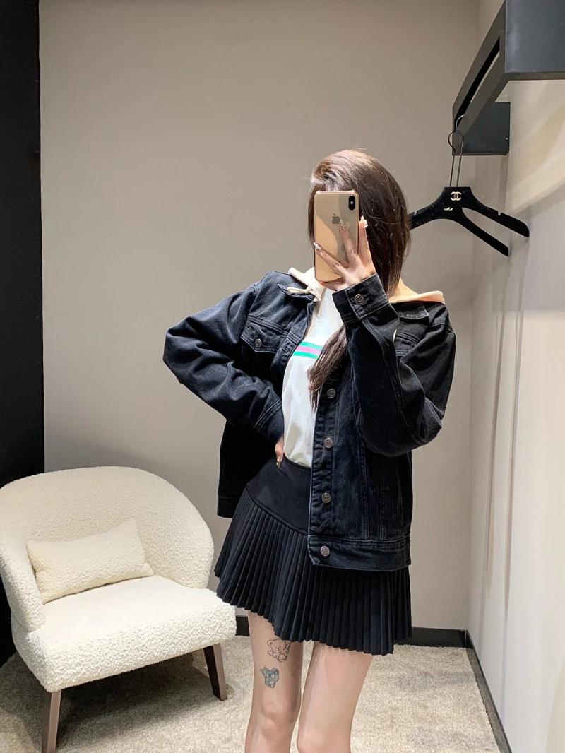 

Street style women's jacket fashionable loose casual handsome versatile fake two-piece hooded denim jacket