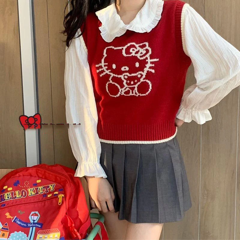 

Hello Kitty Y2K Sanrio Anime Cartoon Kawaii Knitting Vest Winter Keep Warm Women's Versatile Vest Sleeveless Sweater 2023 New
