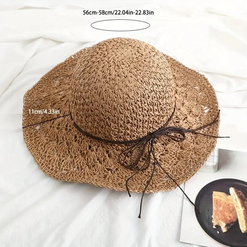 New Women Casual Travel Supply Sun Protection Beach Hat Raffia Straw Hat Bowknot Rope Decoration Straw Hat