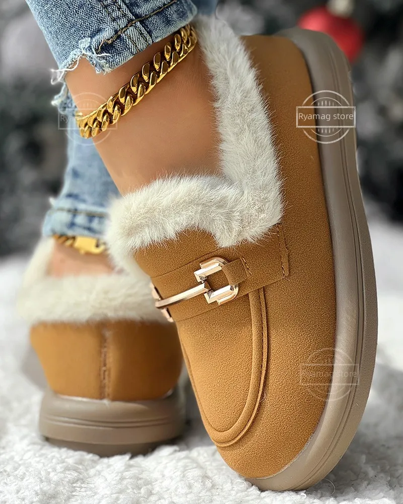 Snow Boots Women's Fuzzy Detail Winter Lined Shoes Woman Flats Round Toe Sneakers Slip-on Loafers Fur Winter Retro Slip on New
