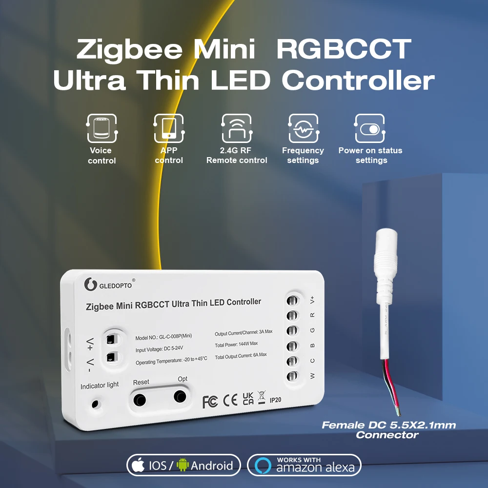 

Gledopto Zigbee 3.0 DC5-24V Mini RGBCCT RGB WWCW LED Light Strip Controller TV Backlight Kitchen Lighting Work with Alexa Voice