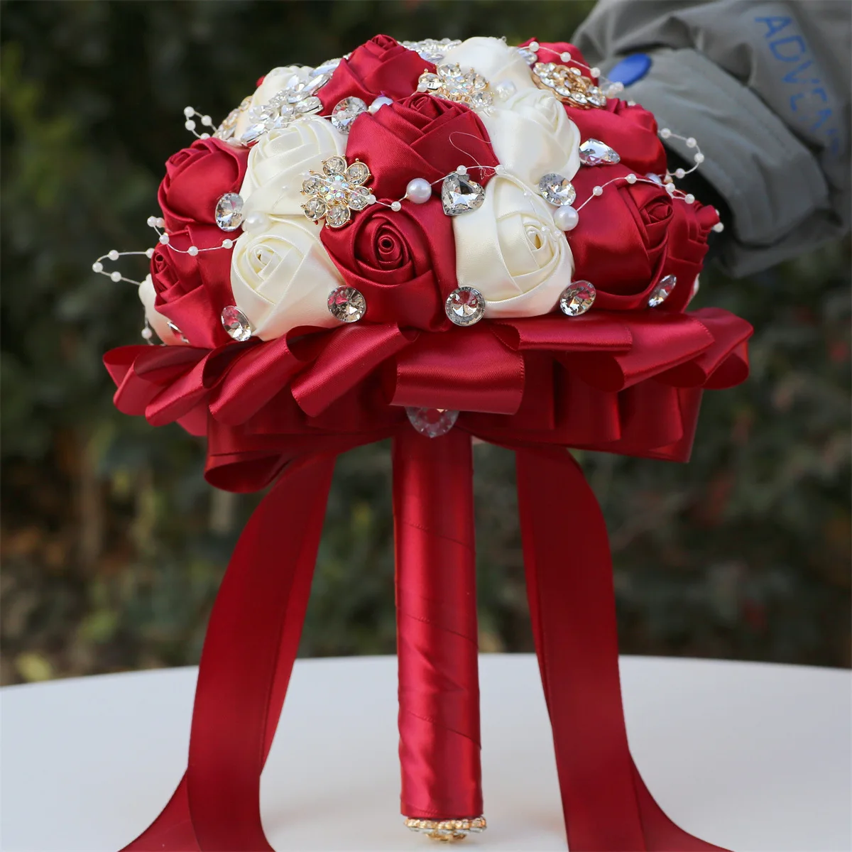 Silk ribbon and rhinestones bouquet and headpiece Black, Red and Burgundy Silk Wedding Flowers - Reveal and  main image 2