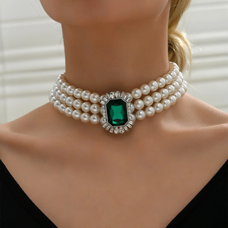 

Luxury Multi-layer Imitation Pearls Choker Necklaces for Women Green Geometry Rhinestones Necklaces Female Wedding Party Jewelry