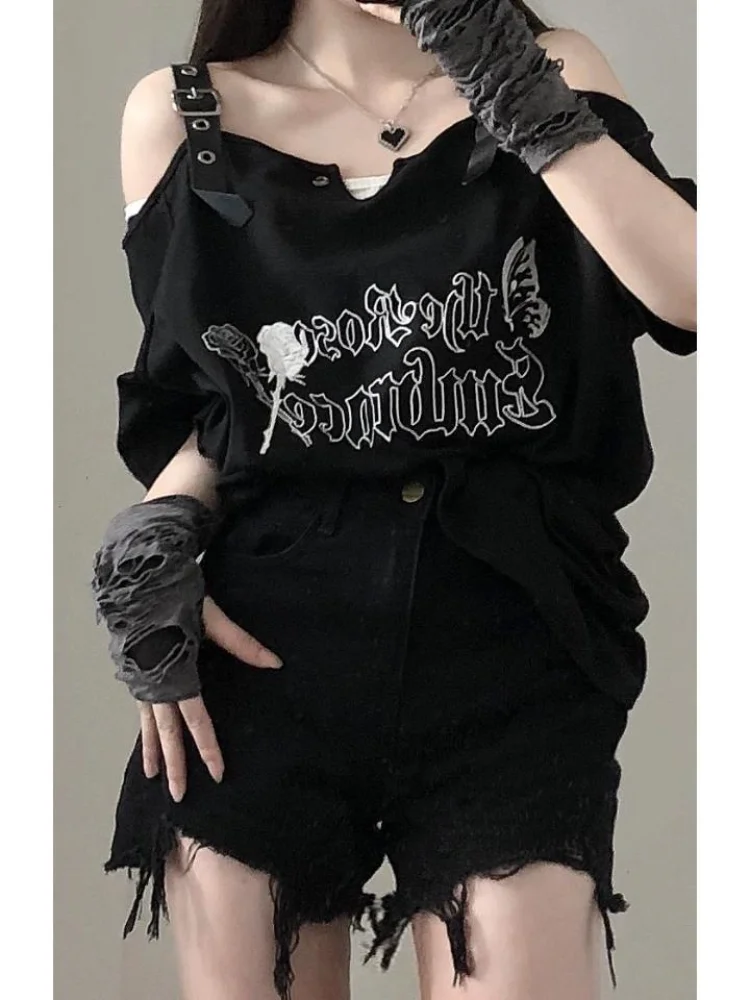 

Girls Letter Print Y2k Aesthetic T-shirt Summer Sweet Cool Off Shoulder Fashion Slash Neck Tshirts Women All Match Loose Tees
