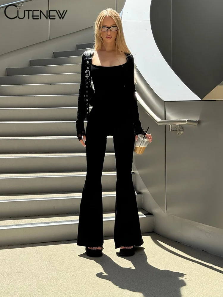 Sporty Jumpsuits Women Concise Casual Autumn New Square Neck Long Sleeve Skinny Stretch Overalls Basic Female One Piece