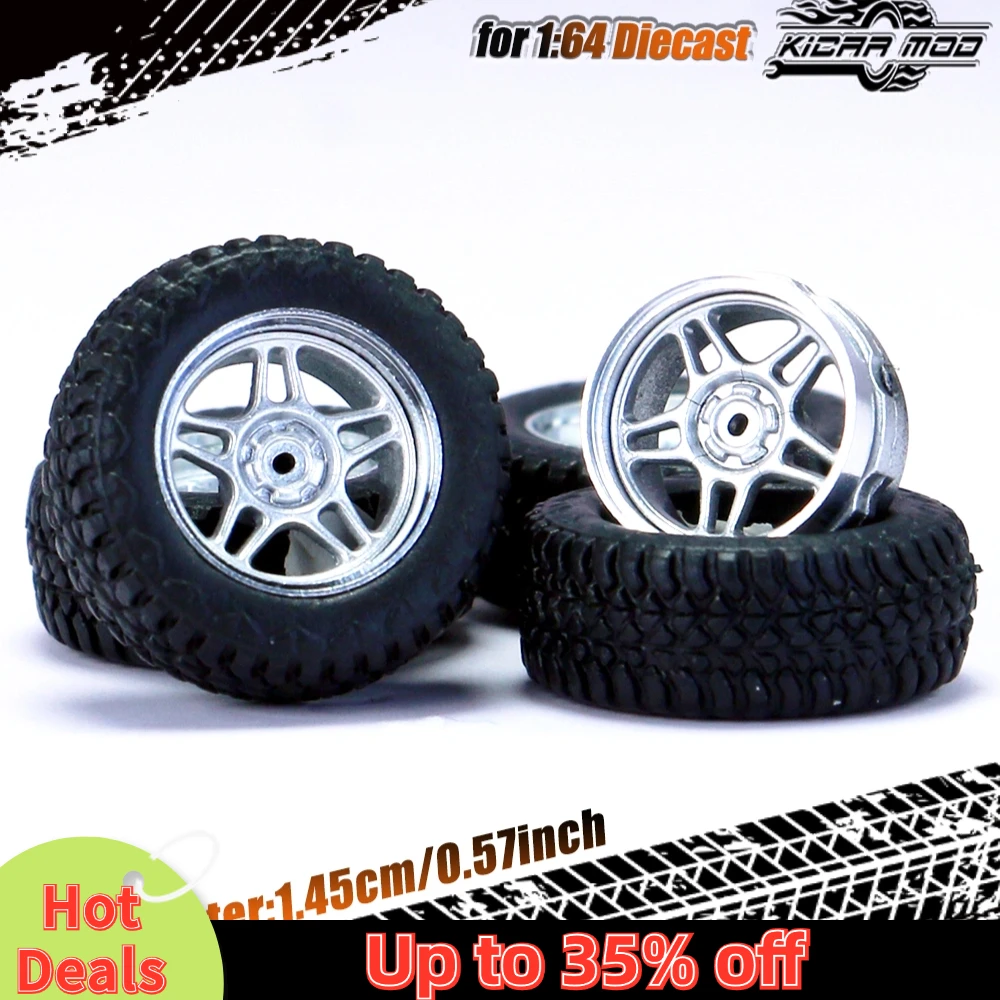 Kicarmod 1/64 Model Car All-Terrain Wheels with Rubber Tire Rivet Axle Metal Rims Diameter 14.5mm Refitting Parts For Hot Wheels 2