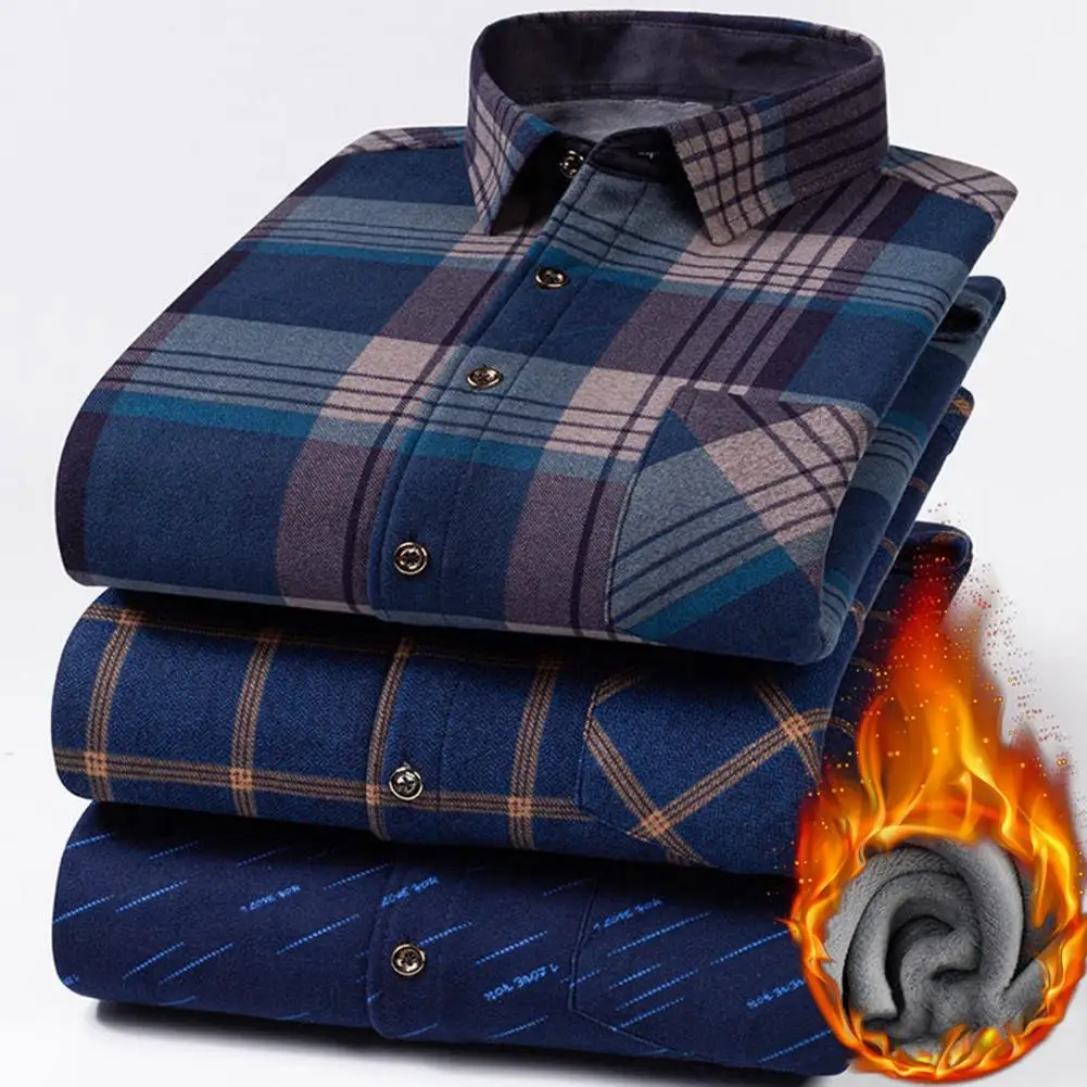 

Warm Men Fleece Shirt Men Fleece Thermal Shirt Plaid Print Men's Cardigan Casual Mid Length Shirt with Turn-down Collar for Fall