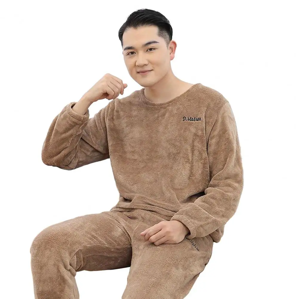comfortable loose fit sleepwear men s winter pajamas set with round neck long sleeve thick twisted texture elastic waist warm Men Round Neck Pajamas Thick Fleece Winter Men's Pajamas Set with Thermal Cold Resistant Round Neck Top Elastic Waist for Cozy
