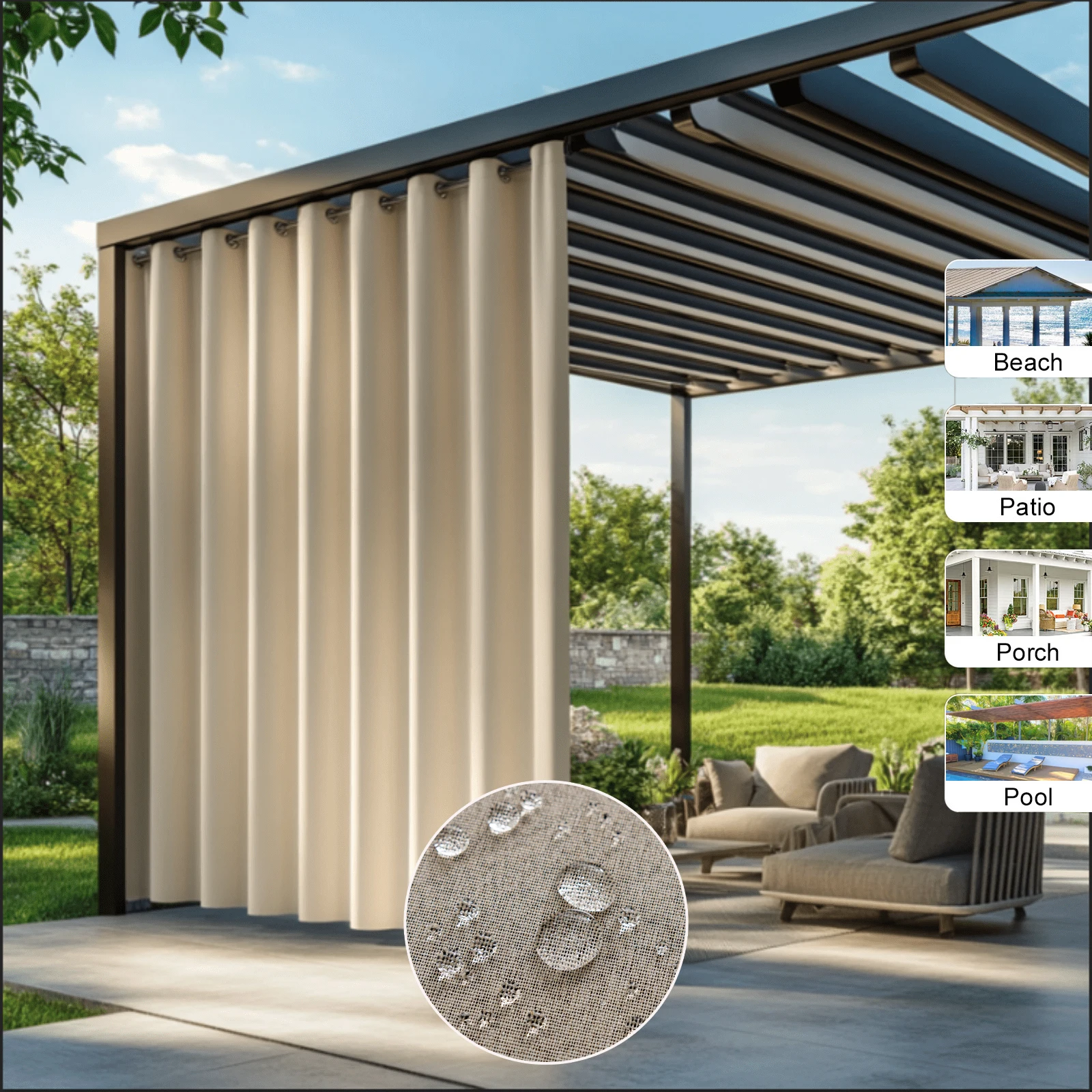 1 panel Waterproof Outdoor Curtain, 100% Blackout Drapes Top Grommets, Curtains for Yard, Porch Privacy, Patio Decor Essentials
