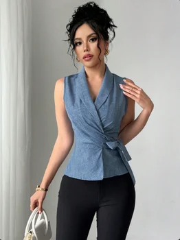 European and American fashion waist cinching tie up lapel shirt vest 1