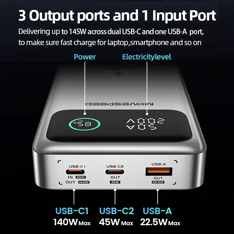 MOVESPEED M25Pro 140W Power Bank 25000mAh PD3.1 Fast Charge Portable External Battery 100W Powerbank for MacBook Notebook Laptop — view 3