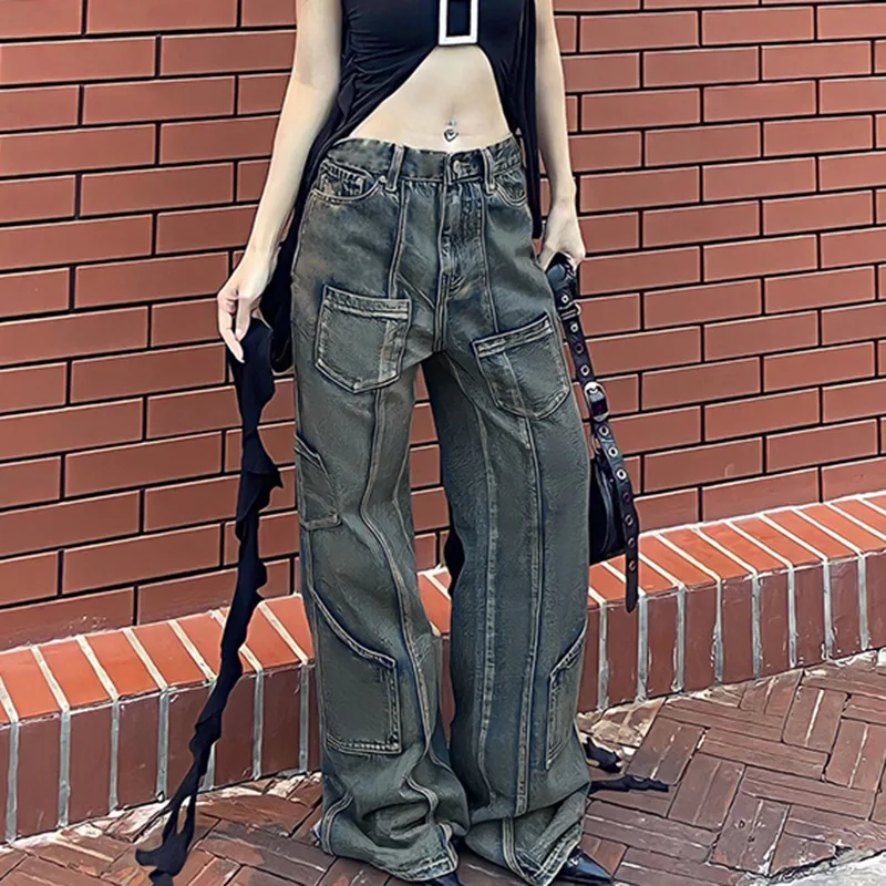 Streetwear Hip Hop Cargo Jeans Women Y2K Vintage Grunge Blue Denim Pants Oversize Retro Punk High Street Wide Leg Trousers