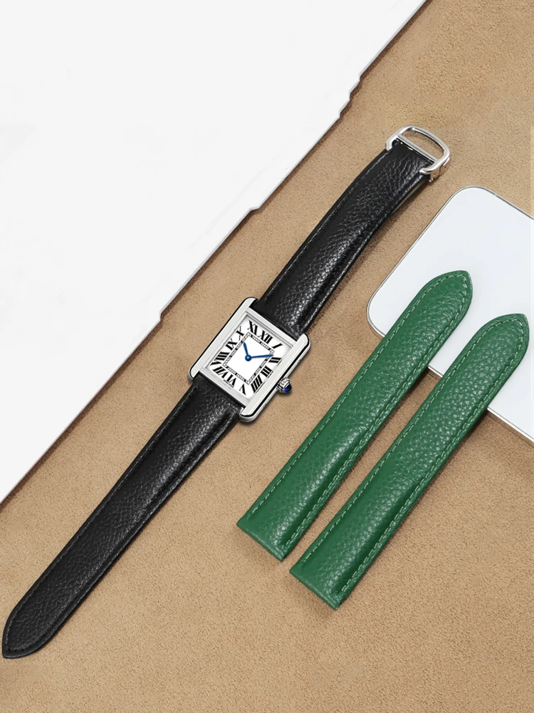 Lychee Pattern Leather Watch Strap - Premium Square Bracelet Design