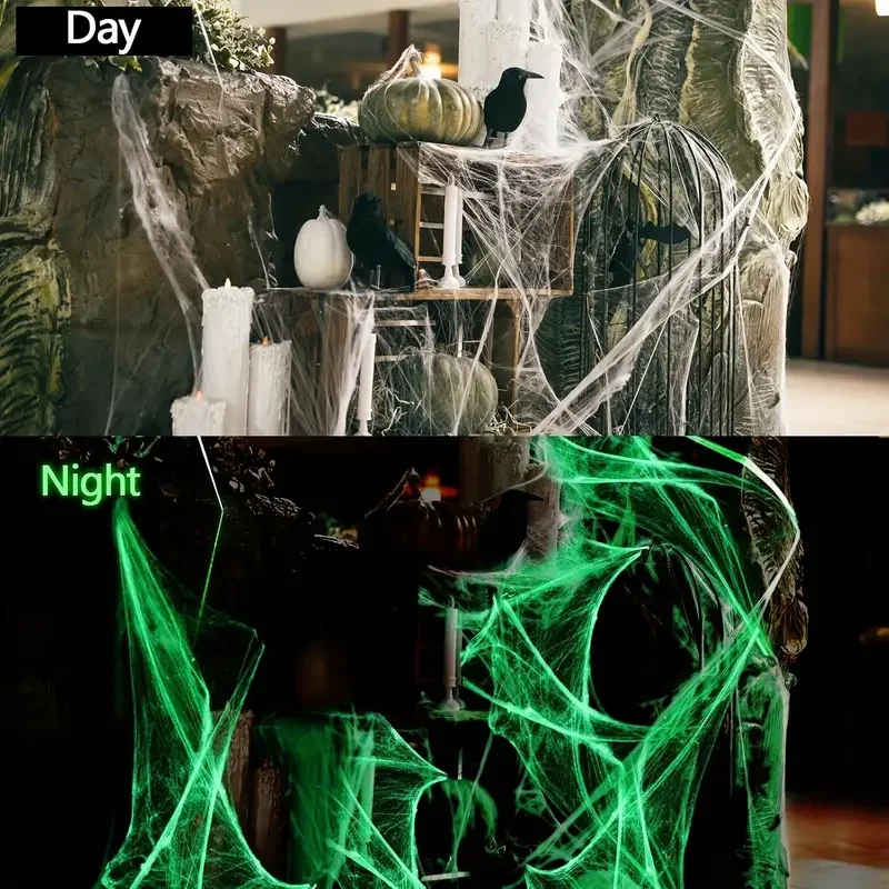 Glowing Spider Web Decoration with Luminous Cobweb and Plastic Spiders