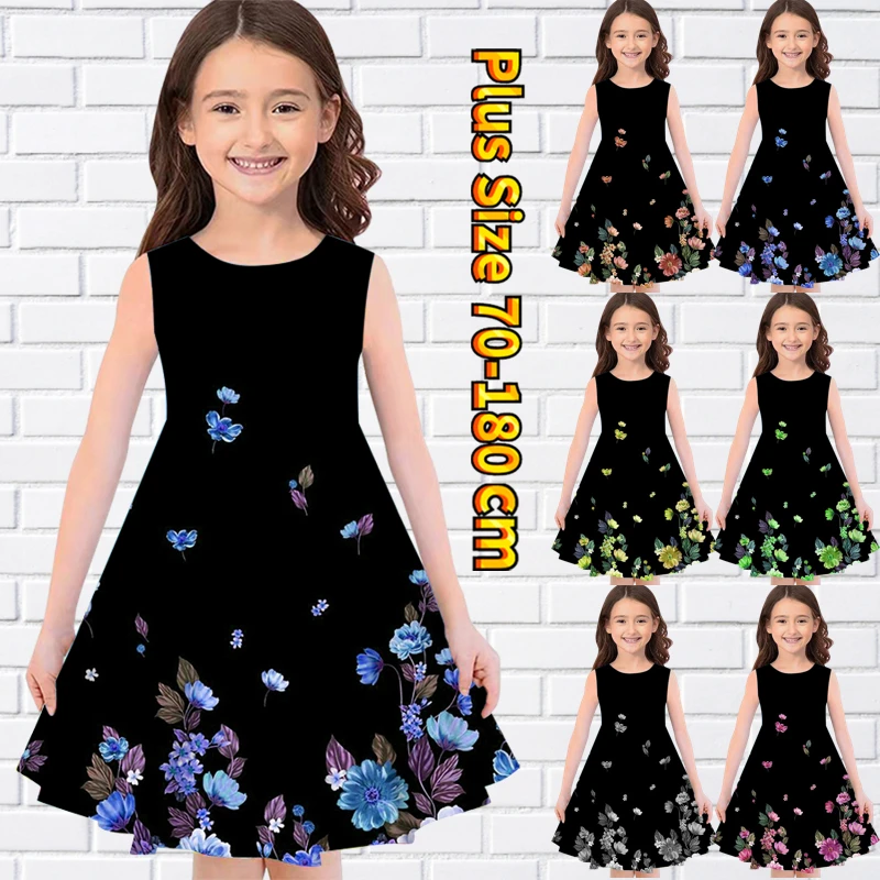 

2022 Round Neck Dress Summer Little Girl Butterfly Print MIDI Skirt Lovely Sleeveless Knee Skirt Everyday Street Loose Skirt
