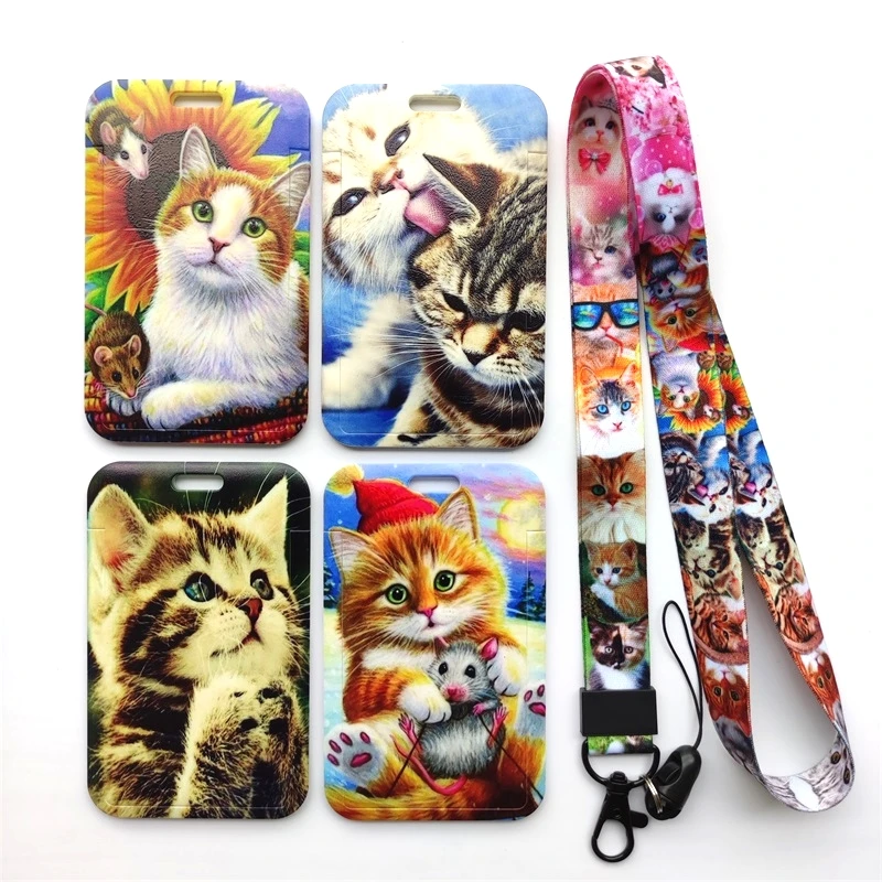 Card holder Credit card holder Id card case Id card holder Fashion cat pattern vertical ID badge holder Gift with cute neck lanyard strap For women and men capacity:2 Credit Cards