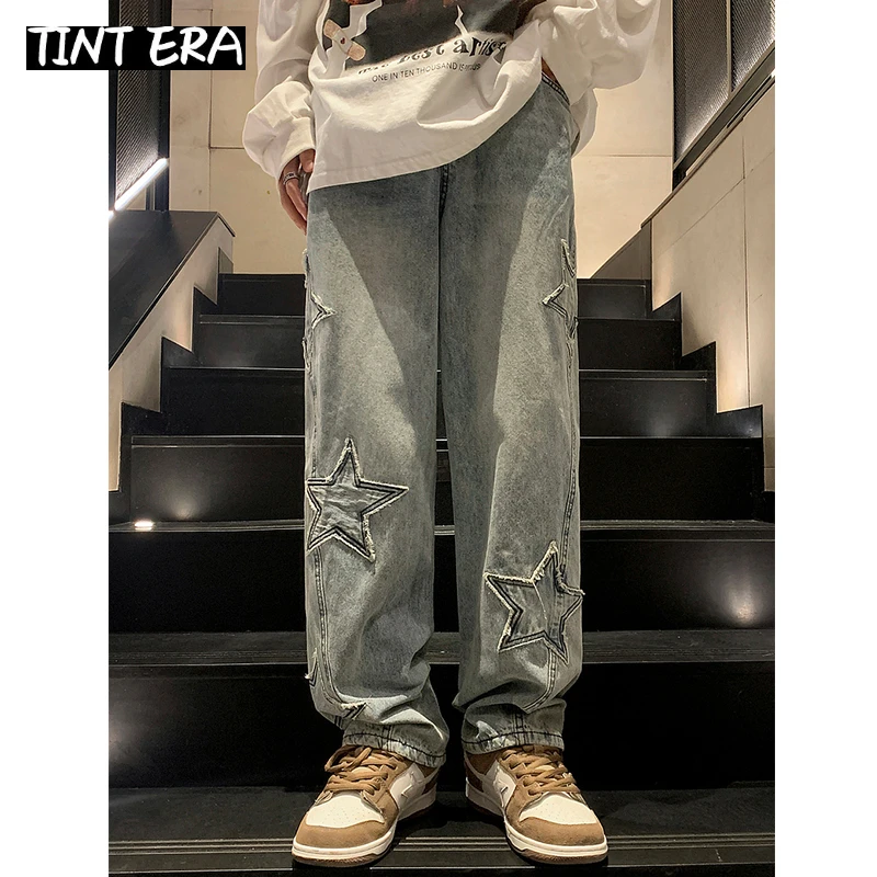 TINT ERA Star Embroidery Straight Casual Men Jeans Gothic New Wide Leg Loose Hip-hop Fashion Youth Streetwear Denim Trousers Y2K