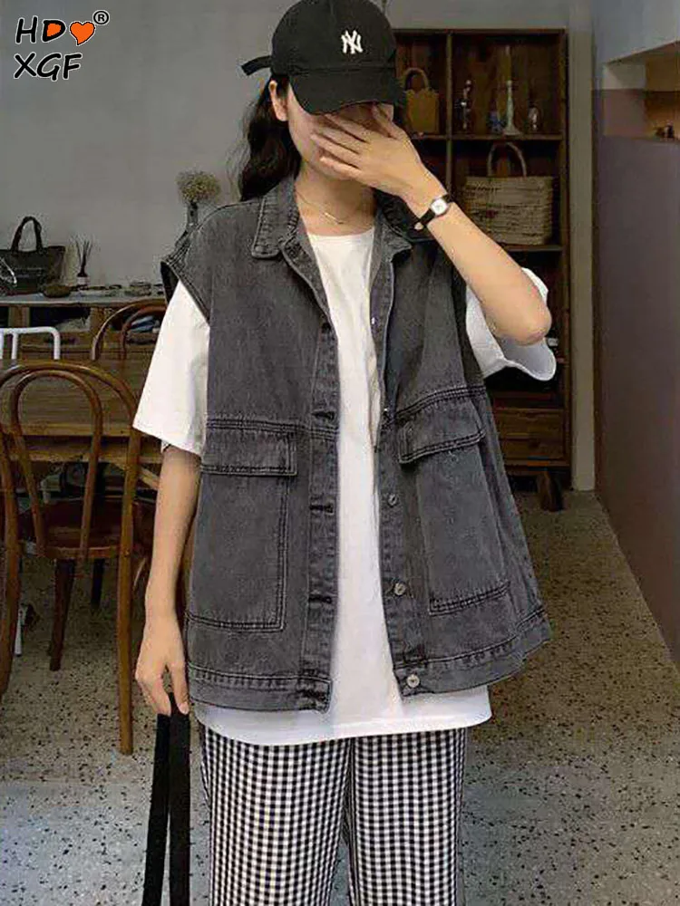 

Vintage Do Old Dark Grey Oversized Denim Waistcoat For Women Korean Fashion Wide Shoulder Sleeveless Vest Simple All-match Coats
