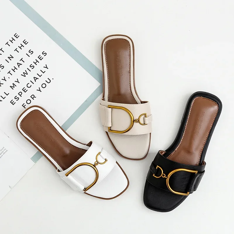 

2024 Summer Women Slippers Leather Square Toe Women Flats Flip Flops Designer Ladies Slides Sandals Women Shoes Luxury Sandals