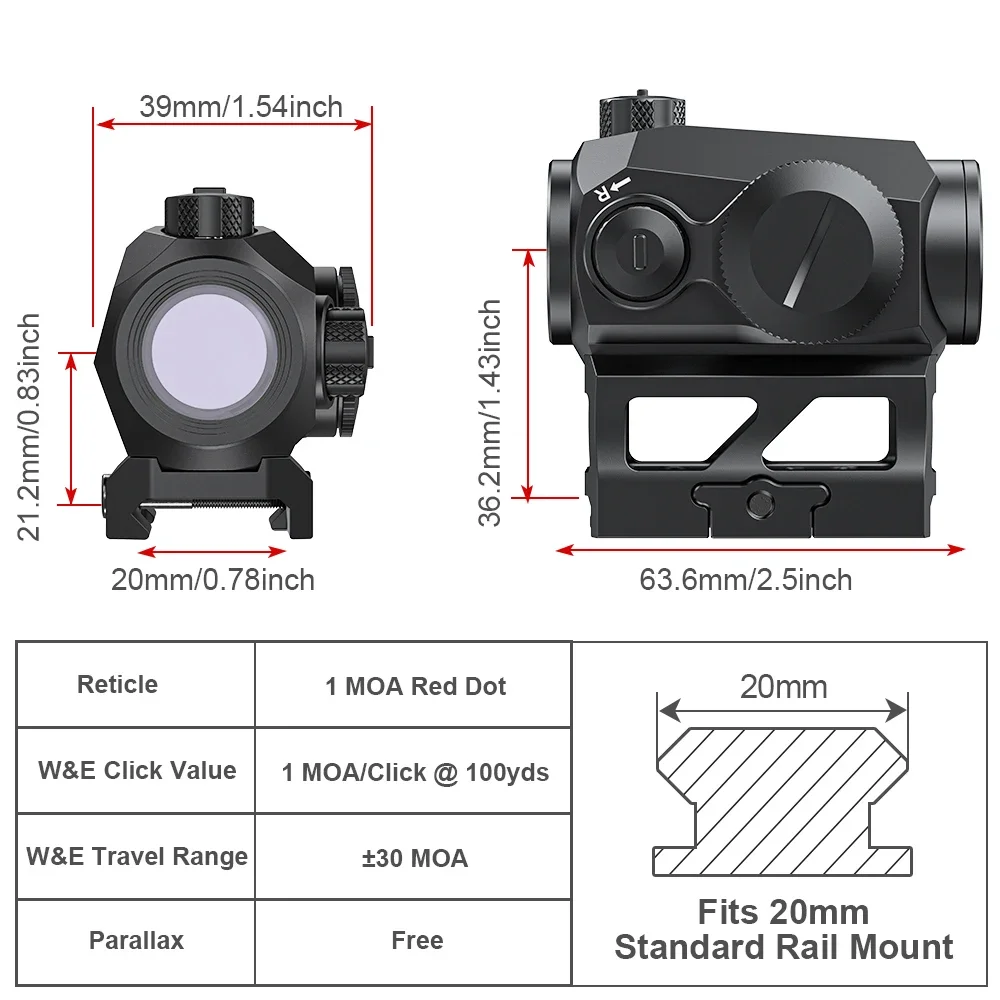 1 MOA red dot sight 1X20mm optical sight used for aiming hunting aiming practice