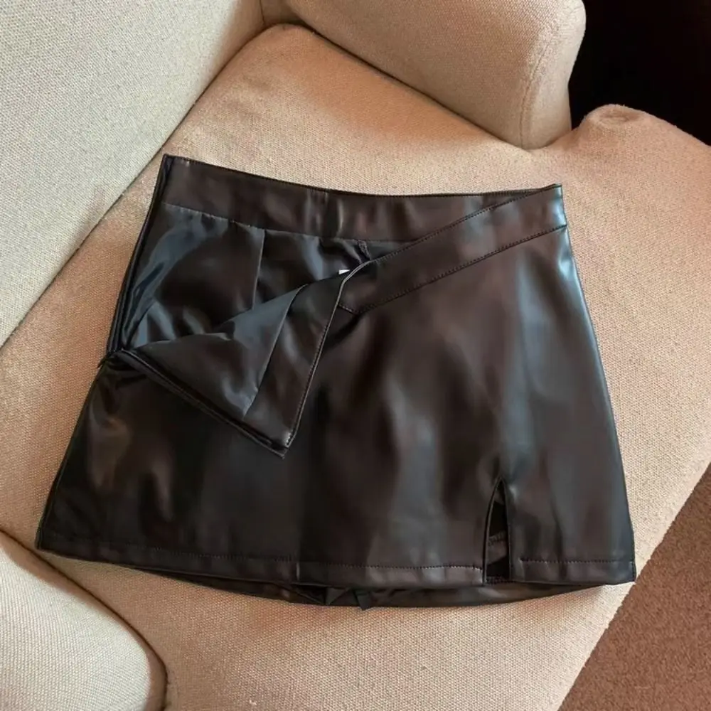 Split PU Leather Skirt Waterproof Solid Color Short Mini Skirts Spicy Girl Style Retro High Waist A-line Skirt Summer
