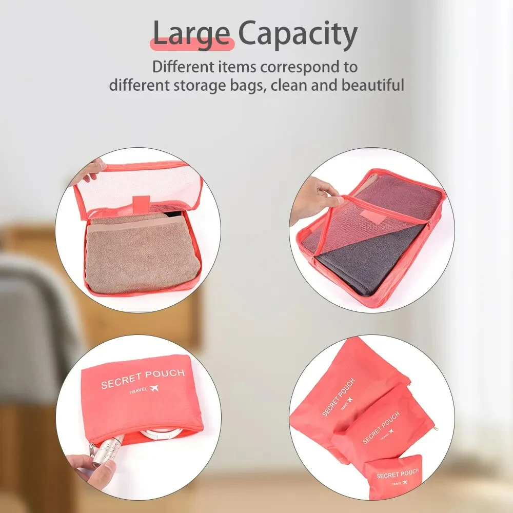 6-Piece Waterproof Travel Luggage Organizer Set – Oxford Cloth Storage Bags for Underwear, Shoes, and Clothing, Red Packing Cubes for Suitcase Bags & Storage Items Beach bags