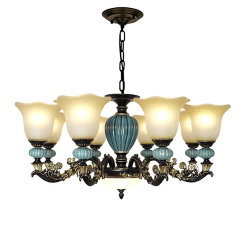 

Traditional European Luxury Chandelier Ceramic Support Glass Lampshade Metal Arm Suspension Lamp for Living Room Bedroom Kitchen
