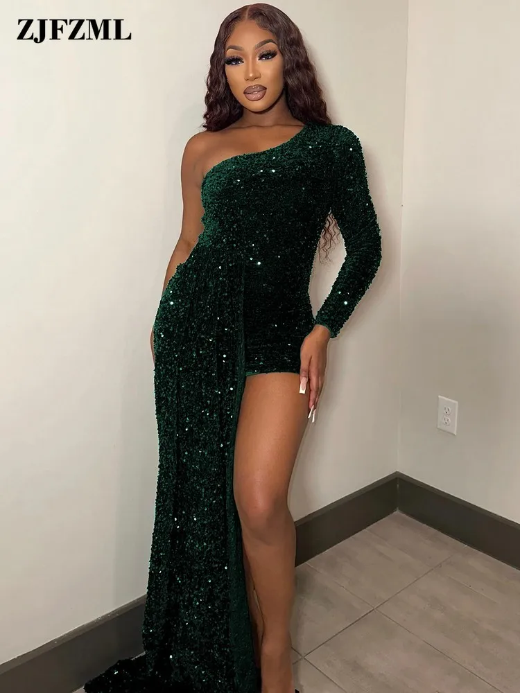 

Elegant Women's Solid Color Sparkly Rhinestone Hot Diamond Dress Sexy Inclined Shoulder Full Sleeve Slim Fit Irregular Vestido