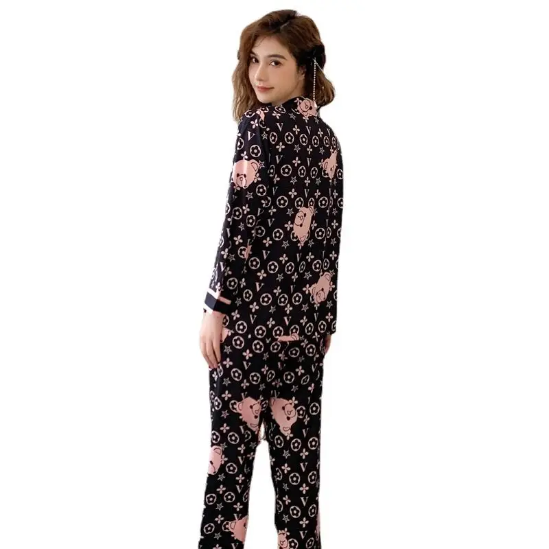 Pyjama à manches longues pour femmes, ensemble de vêtements de nuit ours de dessin animé, vêtements d'intérieur de loisirs pour femmes, mince, glace, printemps, automne, nouveau, 2024