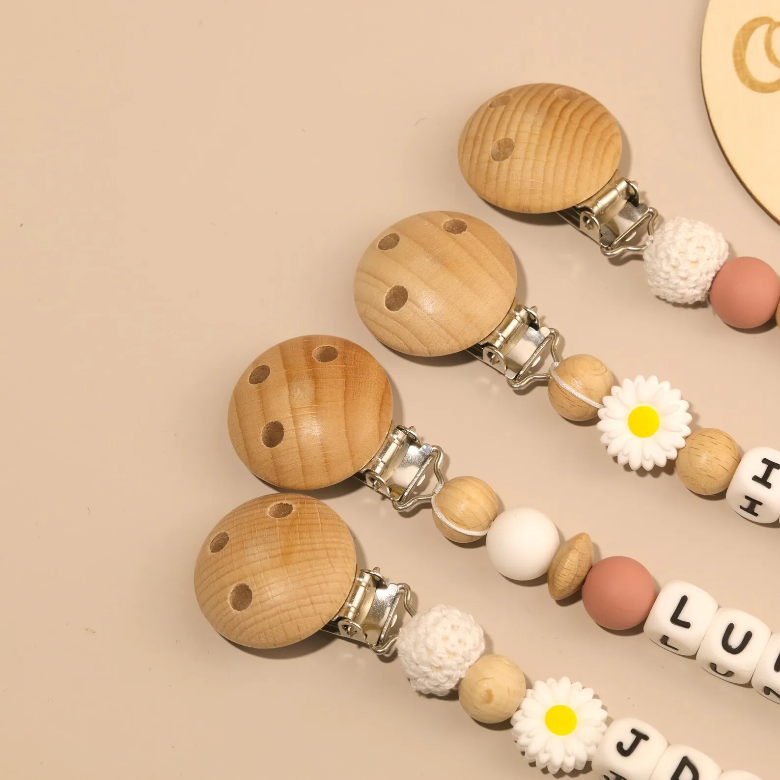 Personalized Baby Pacifier Clip Name Silicone & Wood Beads, Soother Holder for Infants