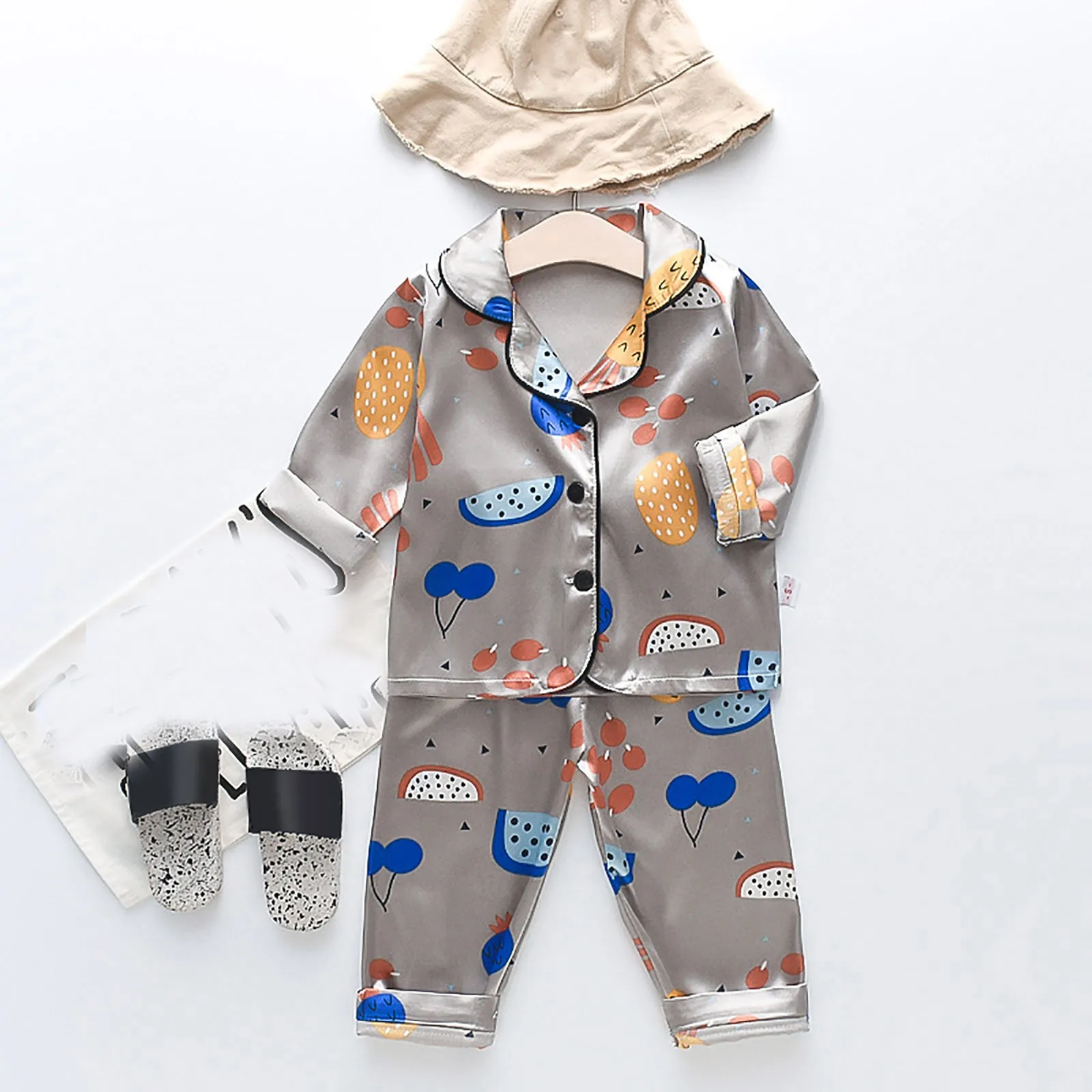 Toddler Kids Baby Boys Girls Satin Cartoon Button Down Shirt Tops + Long Pants Silk Pajamas 5 Set 4t Toddler Girl Clothes