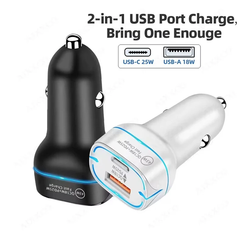 43W 고속 차량용 충전기 듀얼 포트 USB C PD 25W 및 QC 18W 타입 C 차량용 전원 어댑터 (블루 LED 라이트 포함) 아이폰 및 안드로이드용