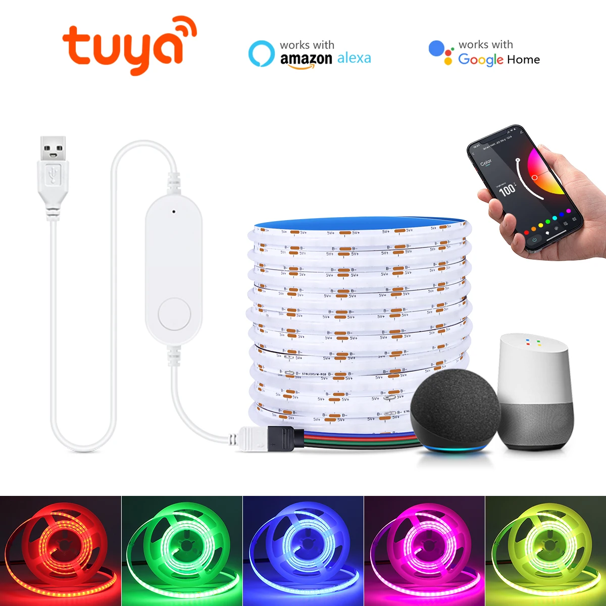 Tuya Smart WiFi RGB COB LED Strip Light USB 5V 576LEDs/M Remote Dimmable Control LED Tape Ribbon TV BackLight Kitchen Decoration