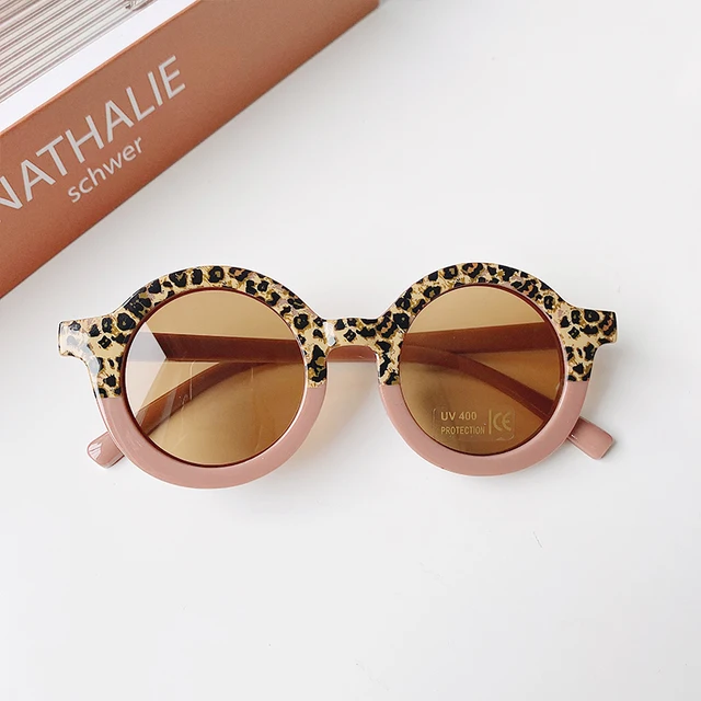 Children Boy Girl Cute Leopard Double Color Cartoon Bear Shape Round Sunglasses Kids Vintage Sunglasses UV400 Protection Classic Leopard-Pink