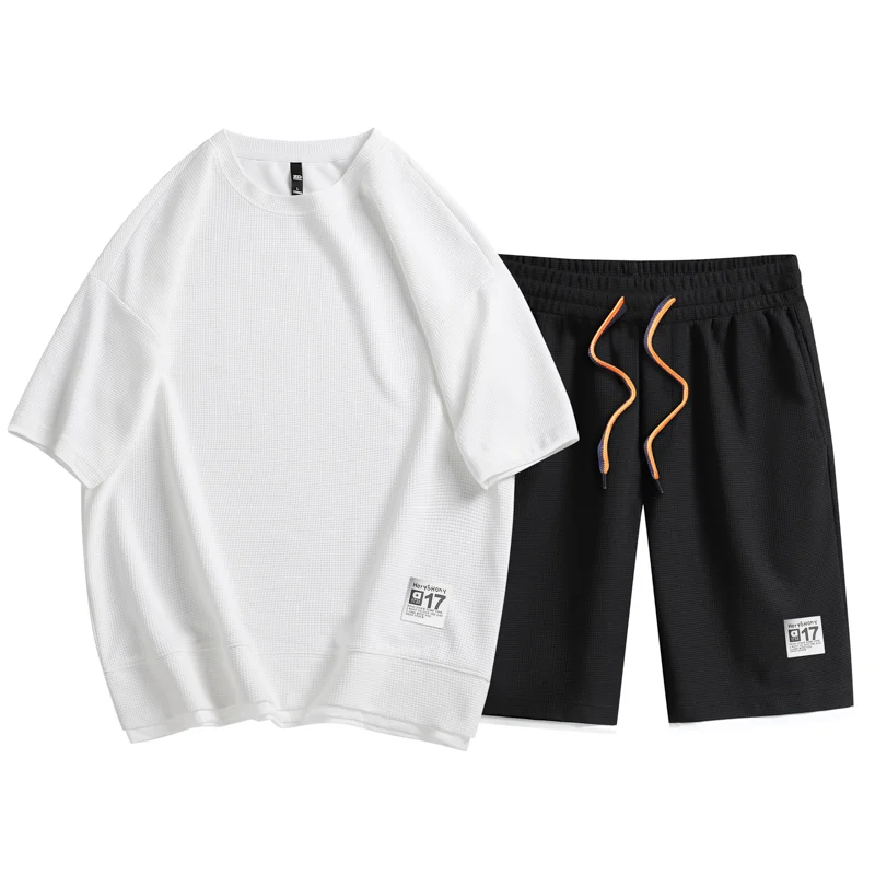 

Waffle Pattern 2 Piece Men Shorts Set Summer Survêtement Men Fashion Clothing Harajuku Style Japan Streetwear Loose Sweatsuit