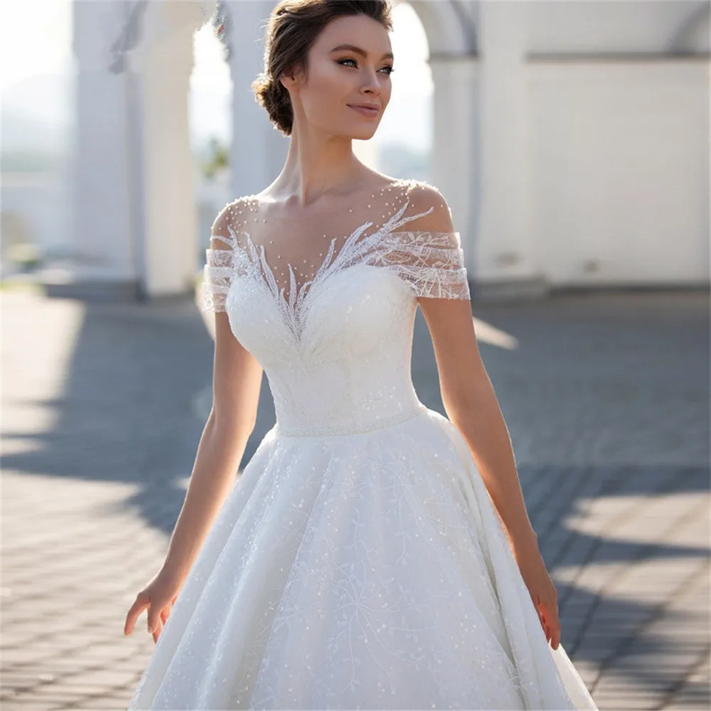 Shiny Off The Shoulder Wedding Dress For Bride 2022 Fashion Glitter Lace A-Line Bridal Gowns Floor Length Custom Made Gillter