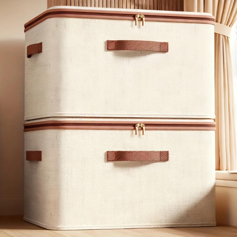 Foldable Linen Storage Box with Double Zippers and Faux Leather Handle, Large Capacity Under-Bed Storage Basket with Lid