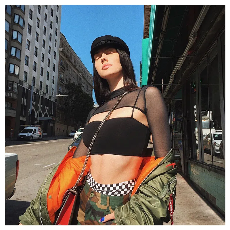 Sexy Women Crop Top Mesh Sleeve T-Shirt Sexy Tops Hollow Out Transparent Tops Ladies T Shirt Black Top Casual T-shirt744_voghion.com