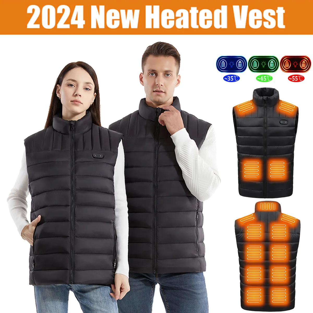 Heated Jacket Heated Vest Winter Warmth Outdoor USB with 15 Carbon Fiber Heating Pads 3 Temperature Levels