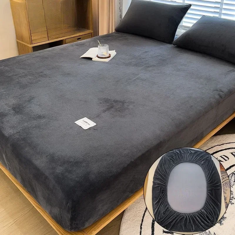 90-220cm Soft Warm Plush Fitted Sheet Elastic Mattress Cover Fluffy Coral Fleece Bed Winter Couple Luxury Double Bed Bedding 6